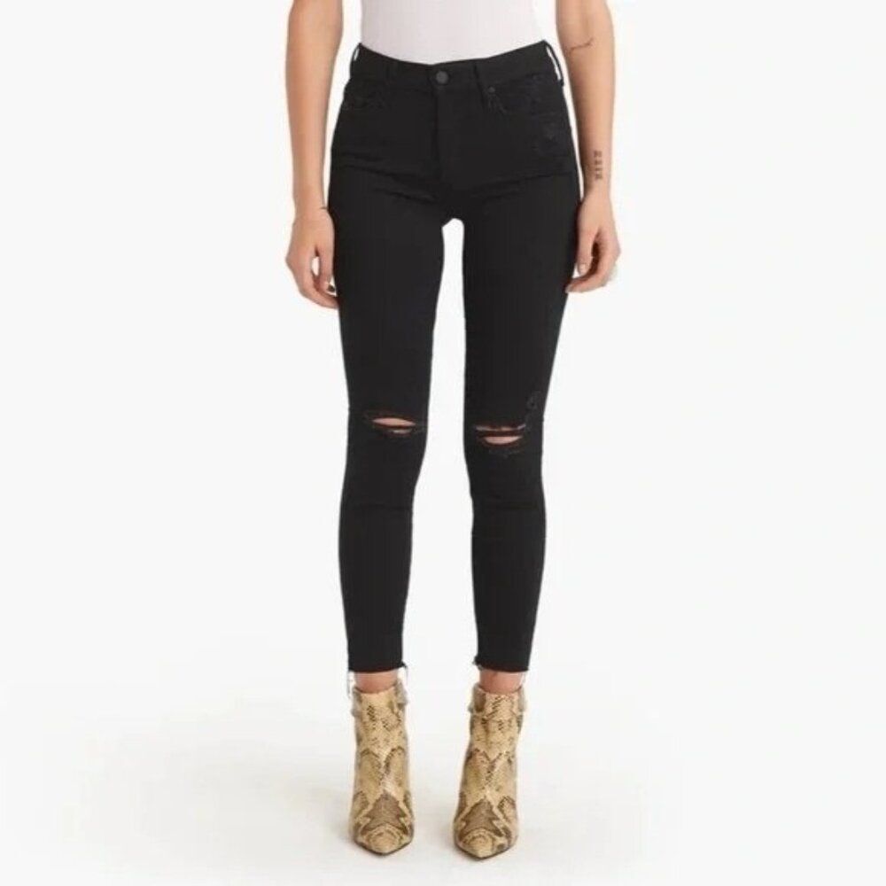 Mother Women's 28 The Looker Ankle Fray Black Distressed Jeans